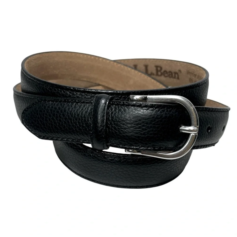 LL Bean Men's Black Full Grain Pebbled Leather Belt Silver Buckle Size 3X